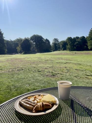 A green lawn with a cup of coffee and plate of breakfast on a table in the foreground. 